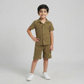 Boys Olive Green Horizontal Striped Short-Sleeve Camp Shirt and Shorts Set