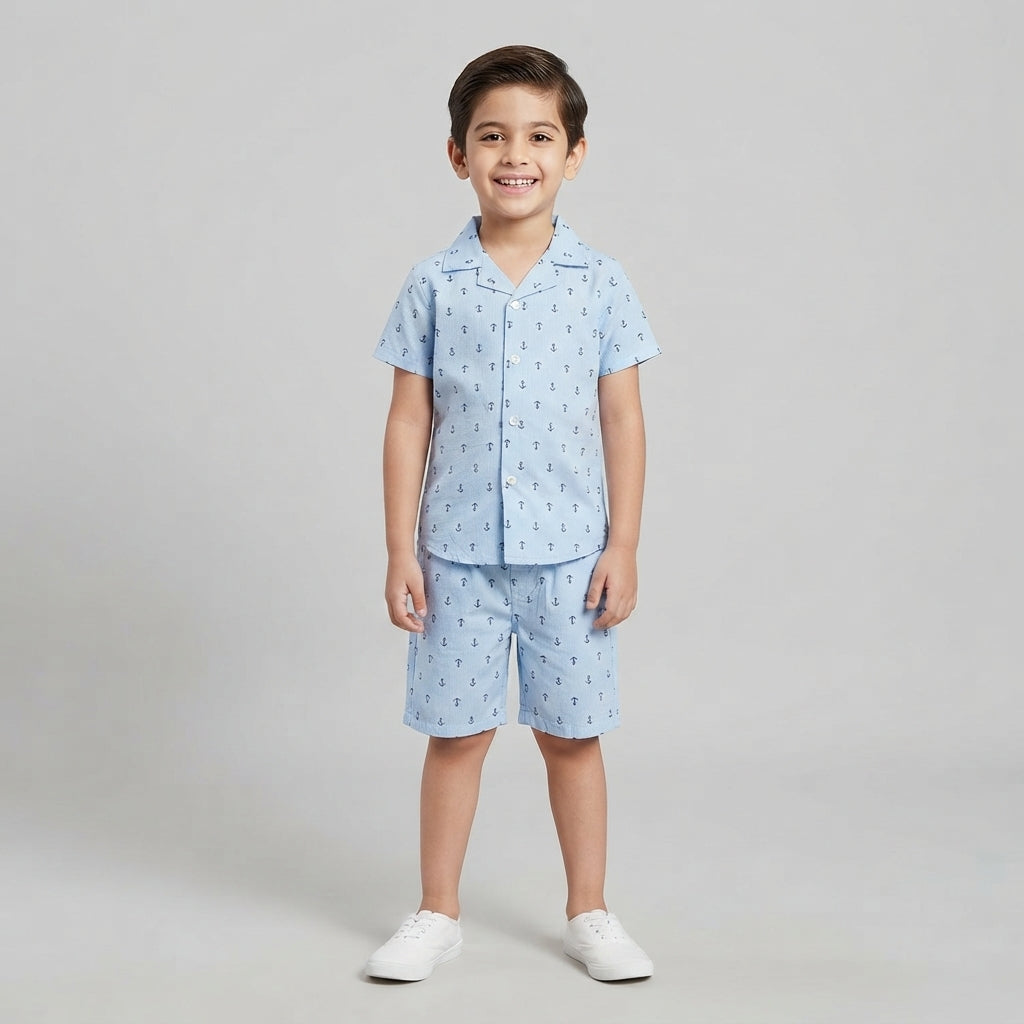 Boys Light Blue Anchor Print Short-Sleeve Camp Shirt and Shorts Set
