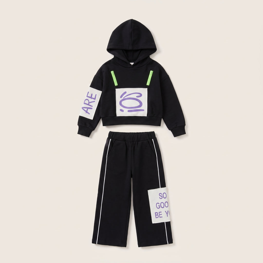 Girls' Black Graphic Hooded Sweatshirt & Wide-Leg Pants Set