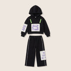 Girls' Black Graphic Hooded Sweatshirt & Wide-Leg Pants Set