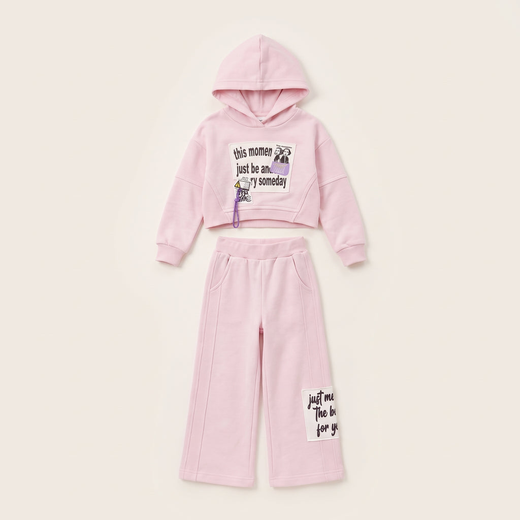 Girls' Pink Graphic Cropped Hoodie & Wide-Leg Pants Set