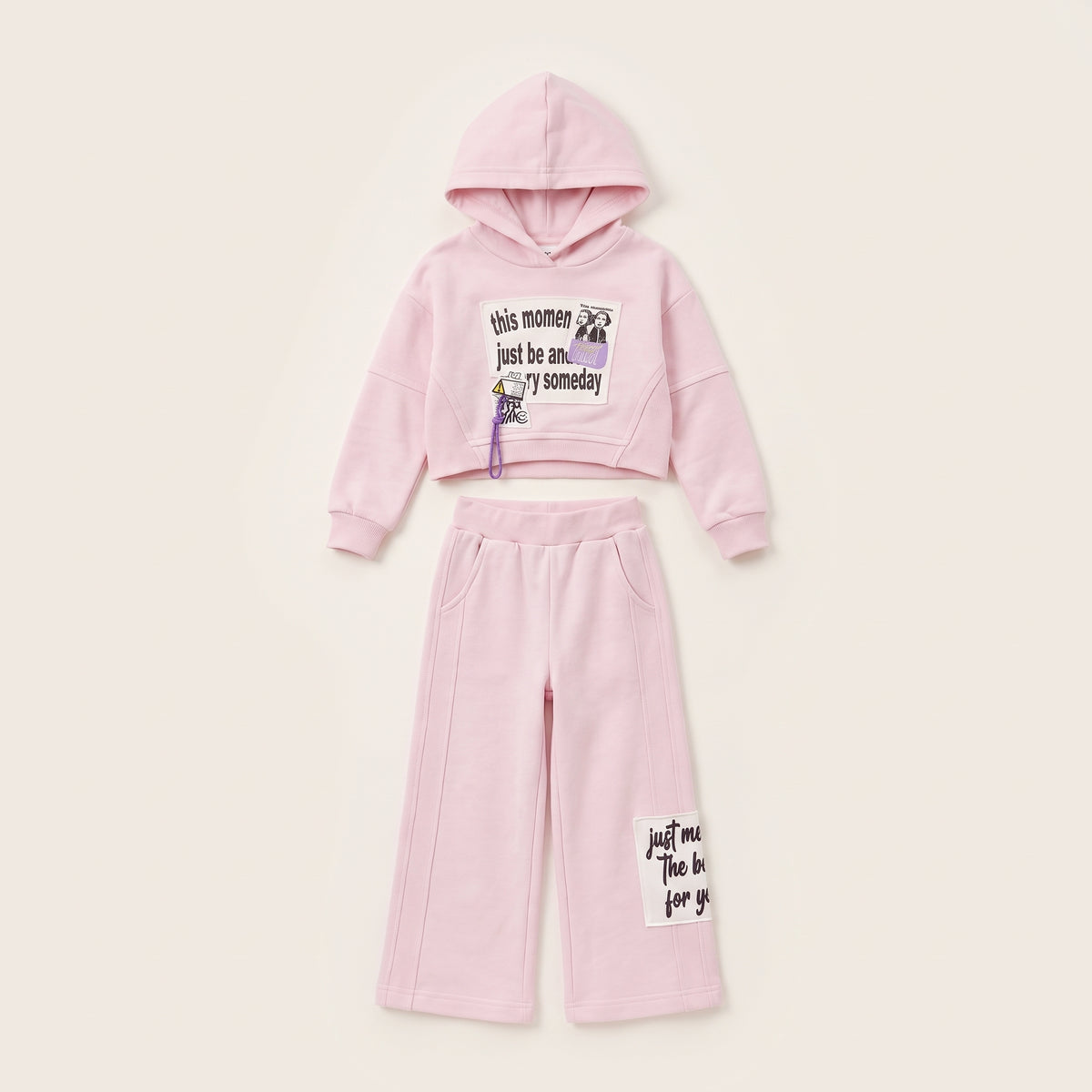 Girls' Pink Graphic Cropped Hoodie & Wide-Leg Pants Set