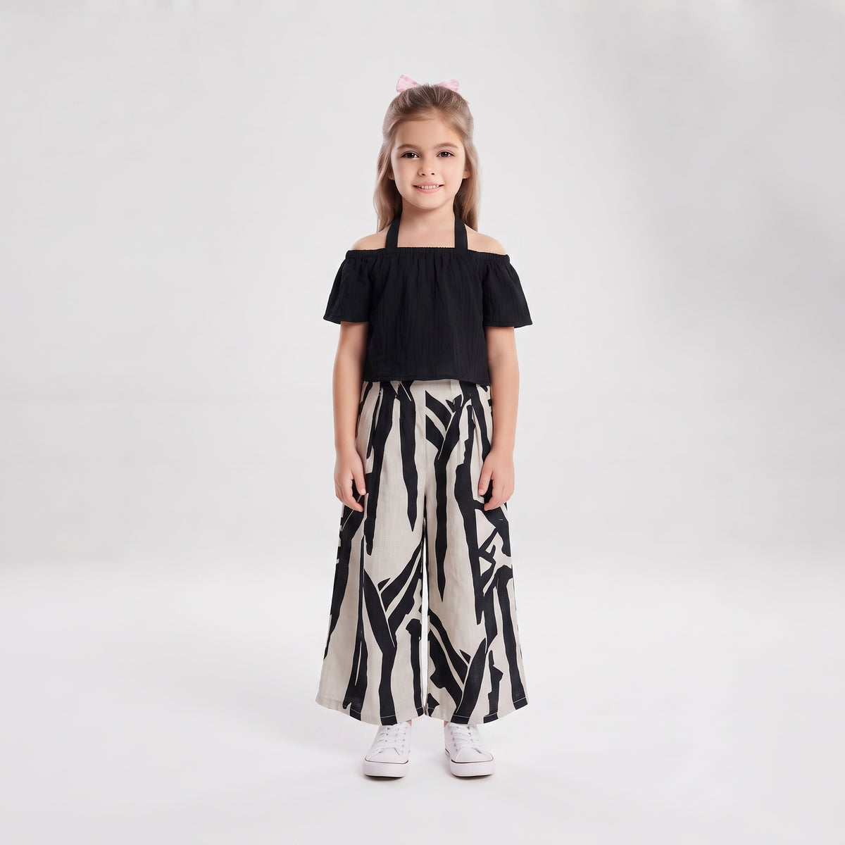 Girls Black Off-Shoulder Top and Abstract Print Palazzos Set