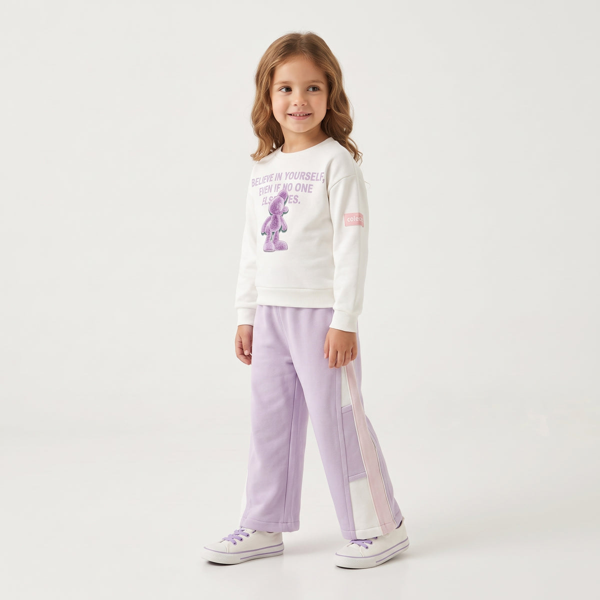 Girls' White & Purple Sweatshirt and Wide-Leg Pants Set