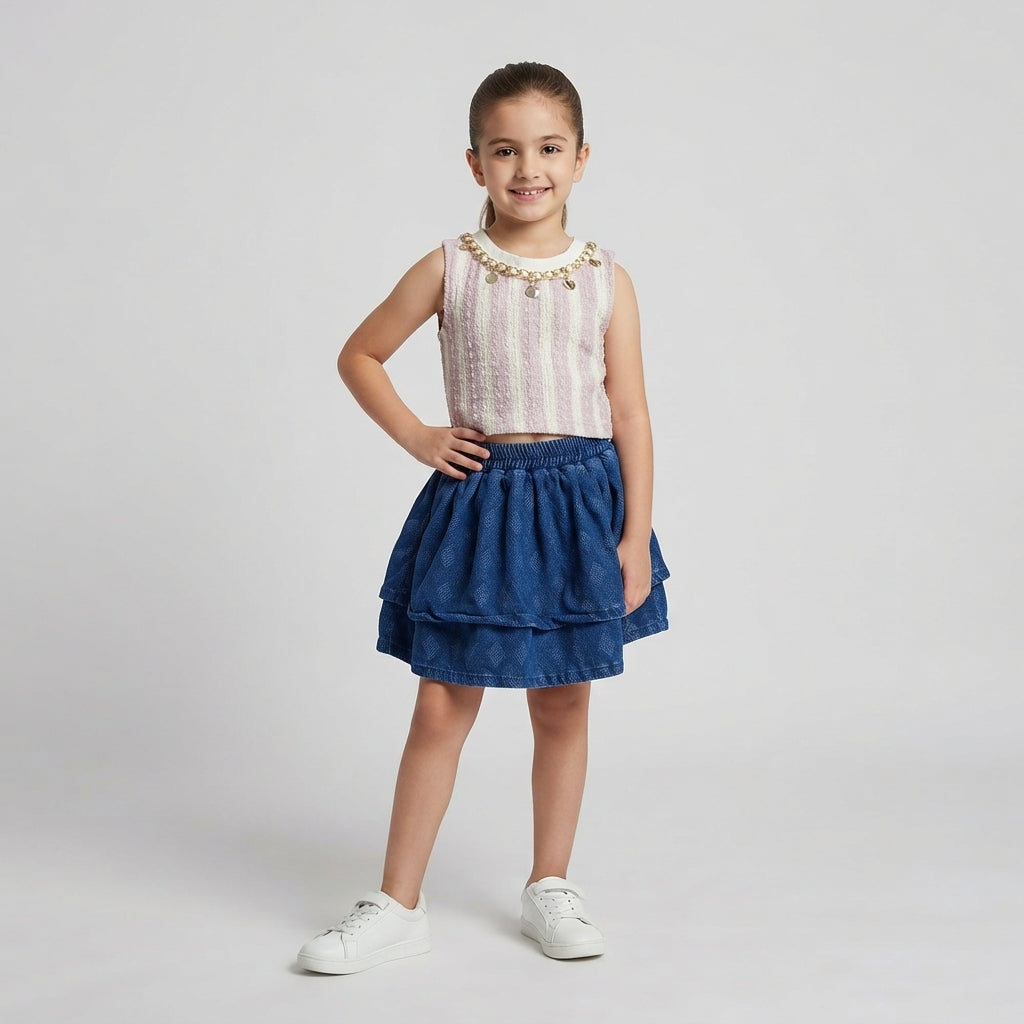 Girls' Striped Sleeveless Top with Necklace Trim and Blue Tiered Skirt Set