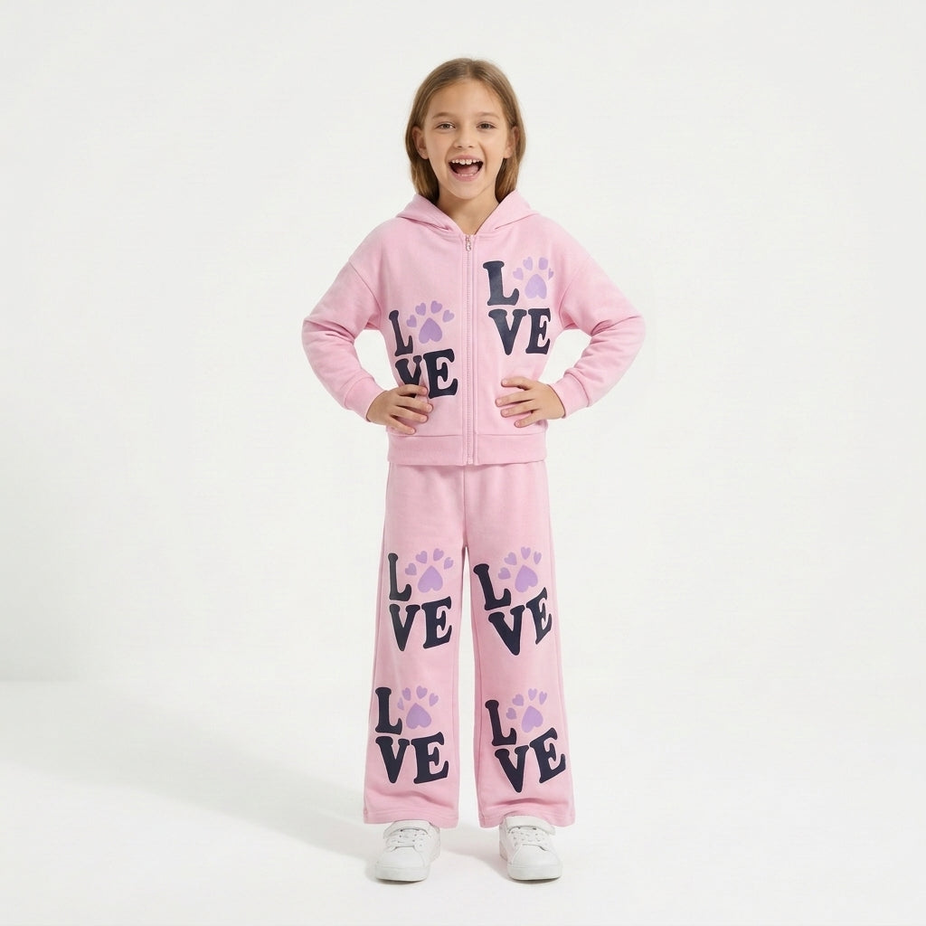 Girls' "LOVE" Zip-Up Hoodie & Wide-Leg Pants Set