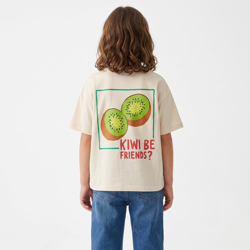 Girls "KIWI BE FRIENDS?" Fruit Chest Printed Short Sleeve T-Shirt