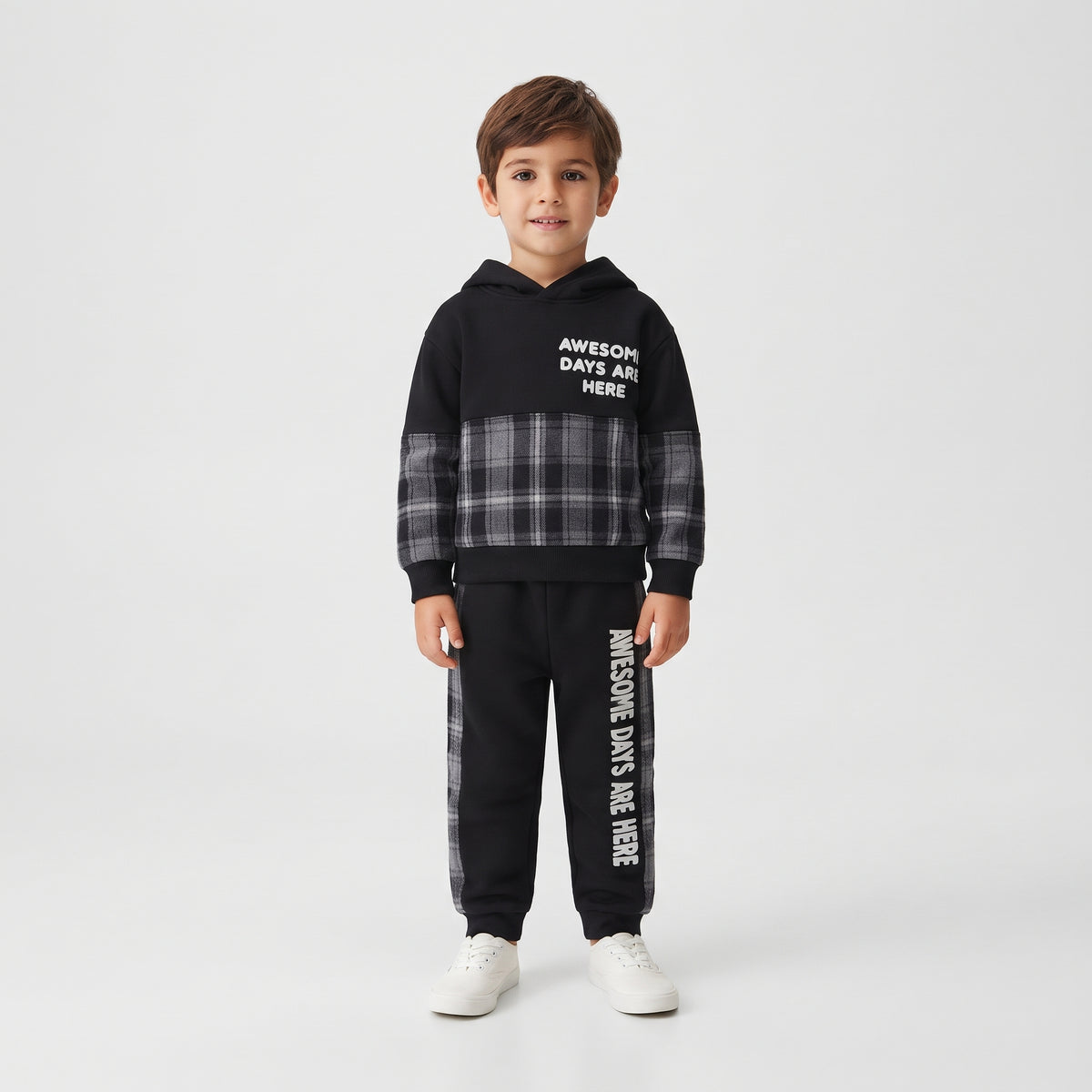 Boys' Plaid Pattern Hooded Sweatshirt & Joggers Set