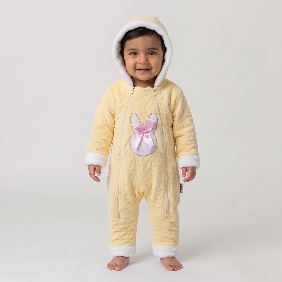 Newborn Baby Girl Quilted Hooded Jumpsuit with Bunny & Bow Detail
