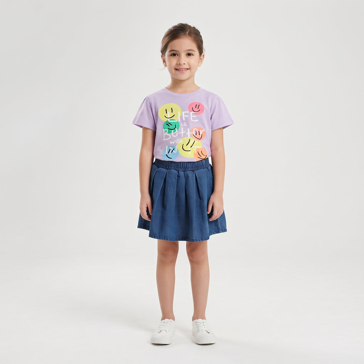 Girls "Life is Better" Printed T-Shirt and Denim Pleated Skirt Set