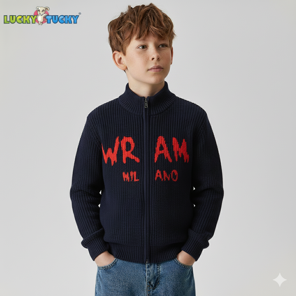Boys Winter Knit Cardigan with Zipper – Navy & Grey