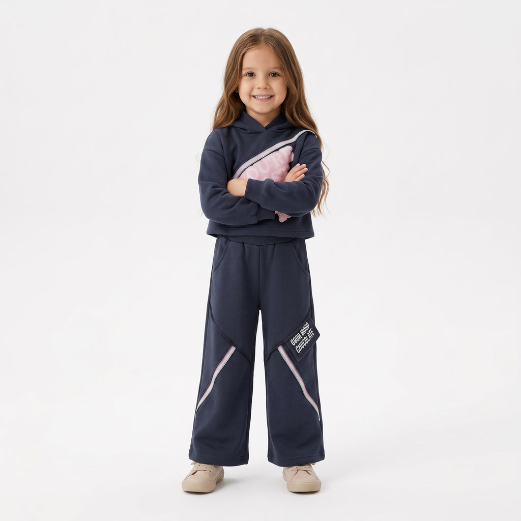 Girls' Dark Navy Graphic Hooded Sweatshirt & Wide-Leg Pants Set