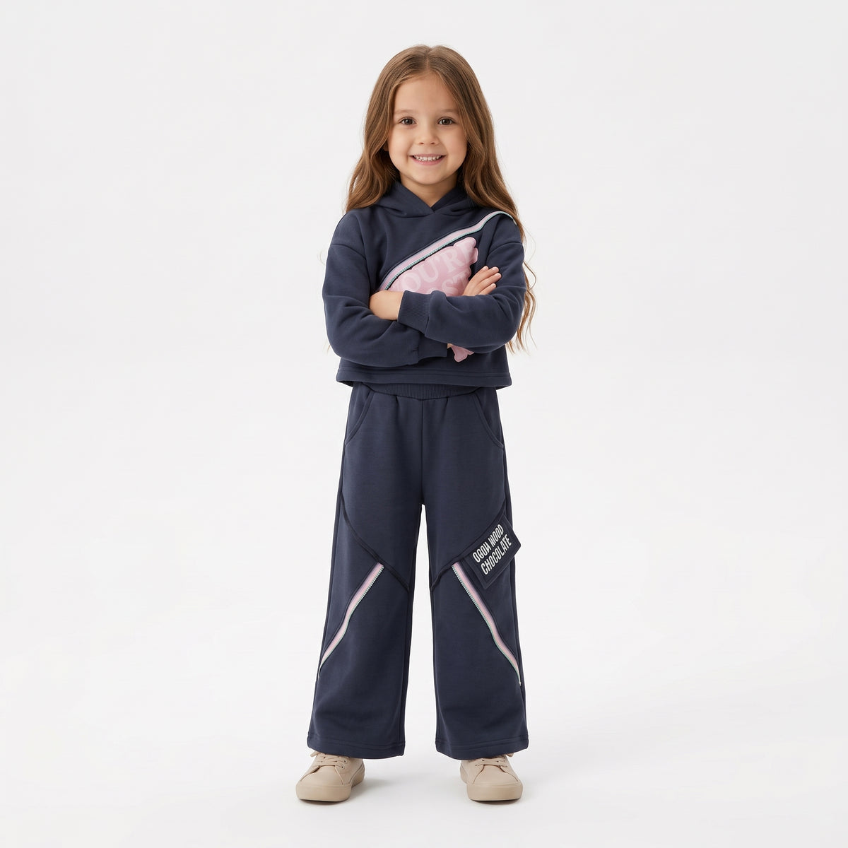 Girls' Dark Navy Graphic Hooded Sweatshirt & Wide-Leg Pants Set