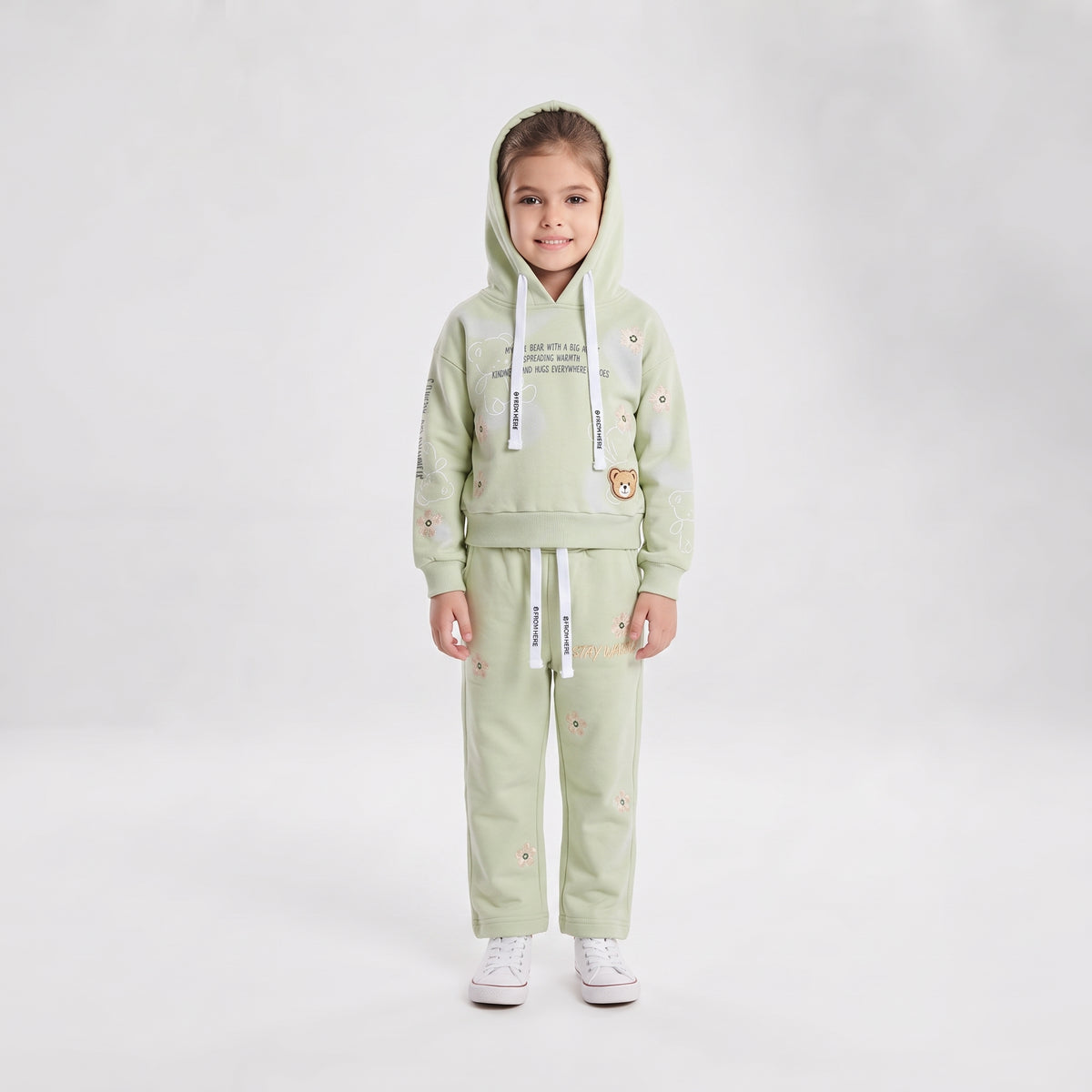 Girls Floral and Bear Print Hooded Sweatshirt and Tracksuit