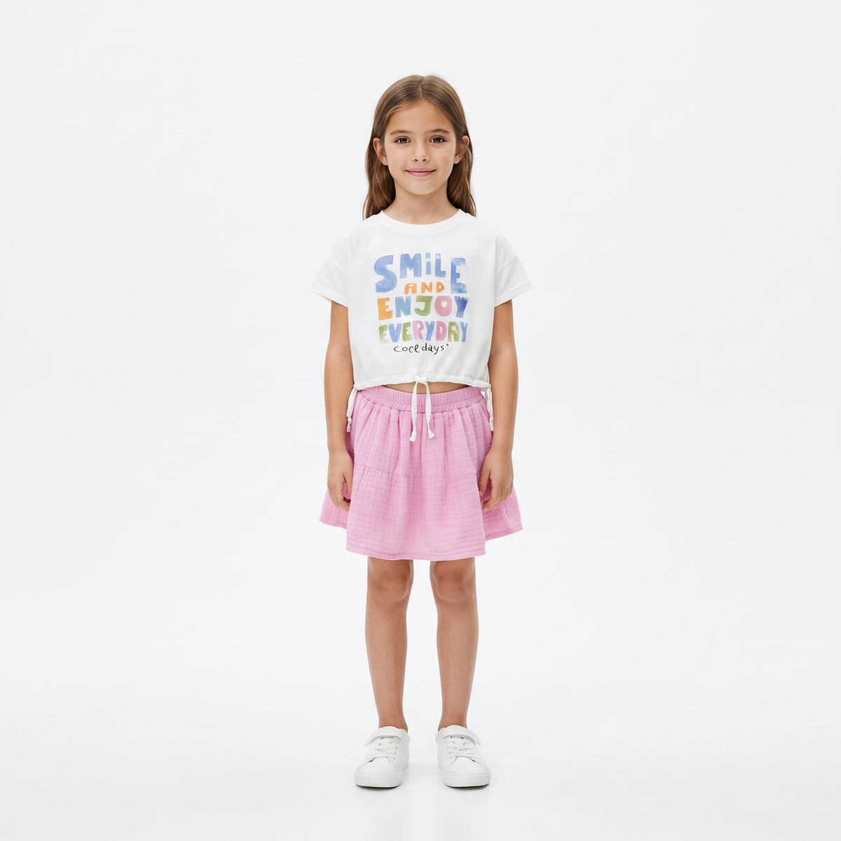 Girls "Smile" Printed T-Shirt and Pink Skirt Set