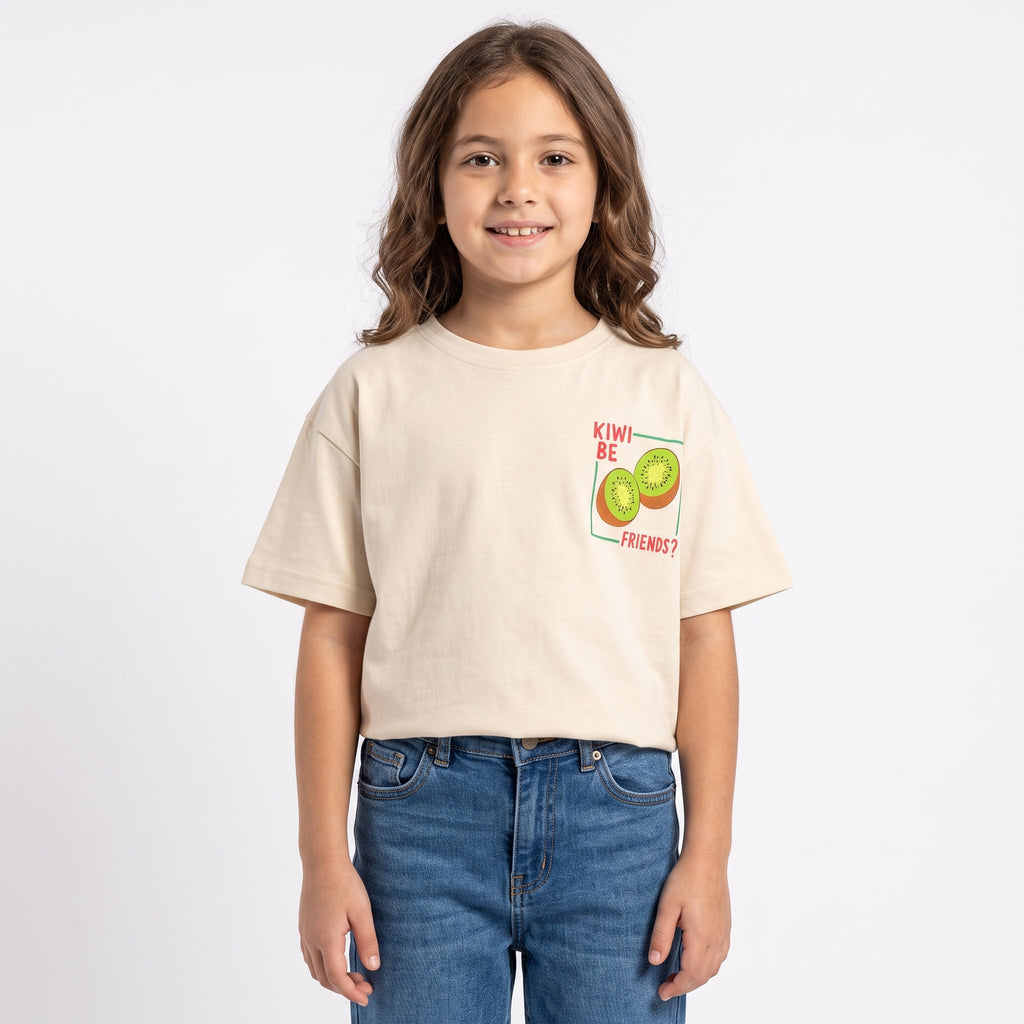 Girls "KIWI BE FRIENDS?" Fruit Chest Printed Short Sleeve T-Shirt