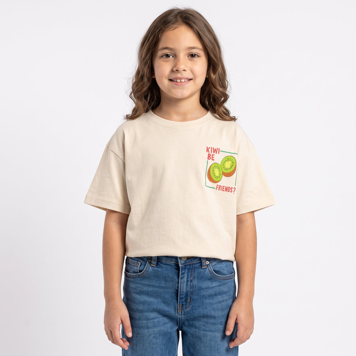 Girls "KIWI BE FRIENDS?" Fruit Chest Printed Short Sleeve T-Shirt