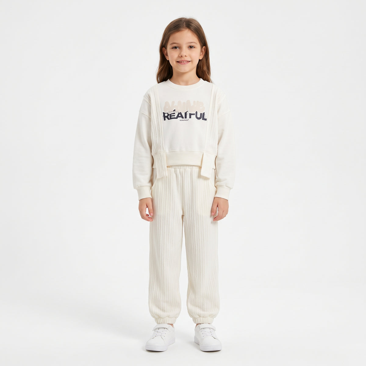 Girls' Cream Graphic Sweatshirt & Textured Joggers Set