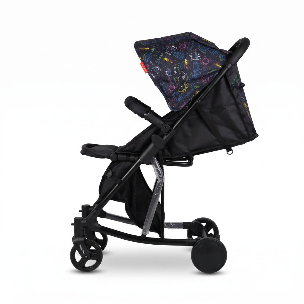 Modern Black Baby Stroller with Printed Hood
