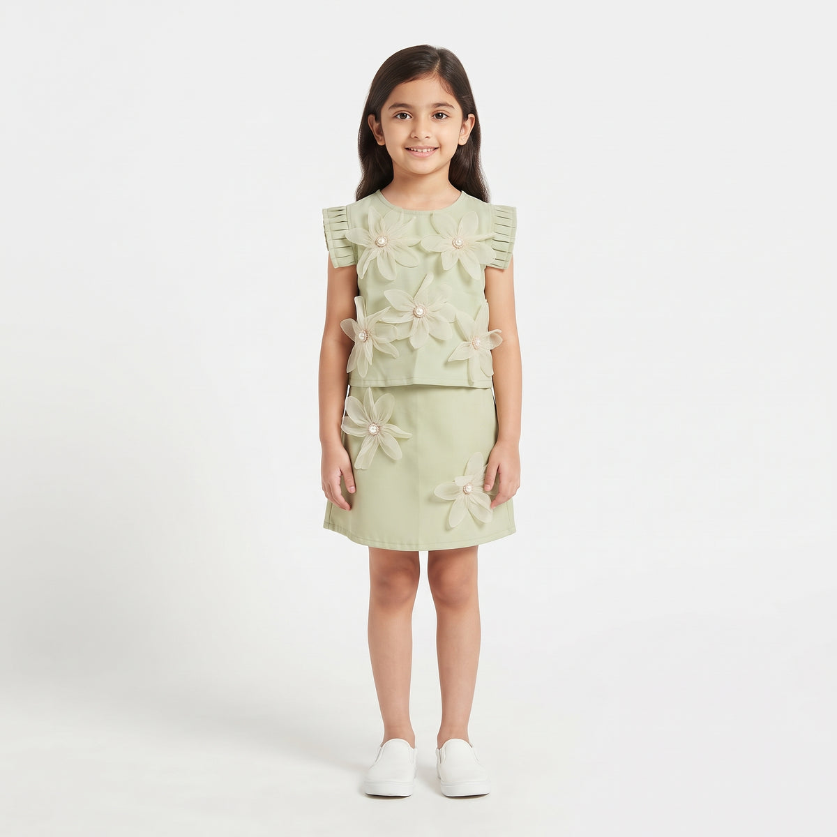 Girls Sage Green Matching Top and Skirt Combo with Flowers