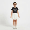 Girls' Casual Letter Print Black Top and Flared White Skirt Outfit