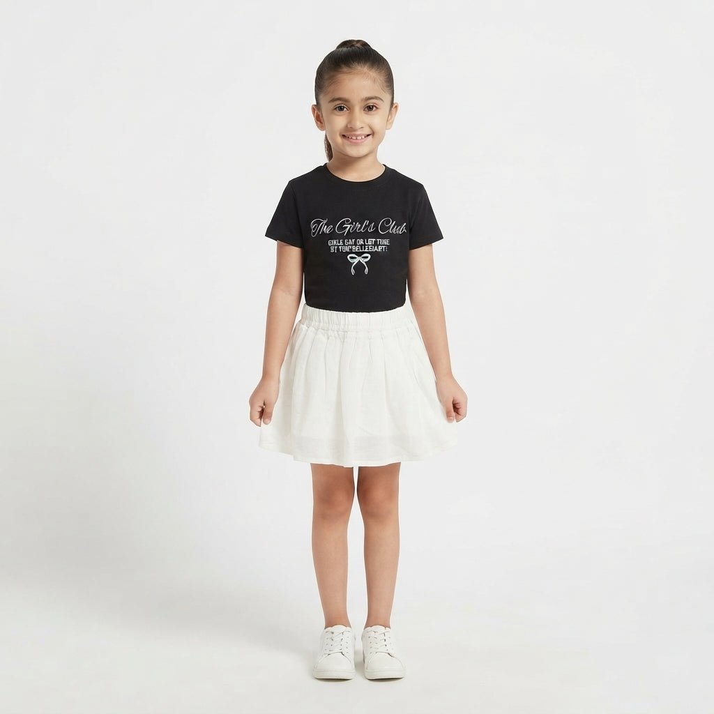 Girls' Casual Letter Print Black Top and Flared White Skirt Outfit