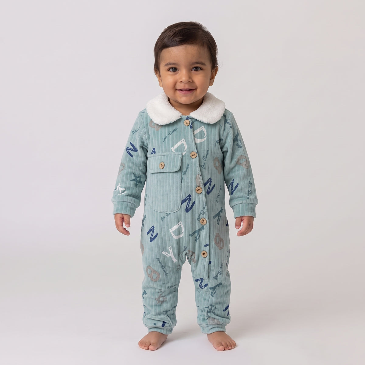 Baby Boys Printed Corduroy Romper with Sherpa Collar