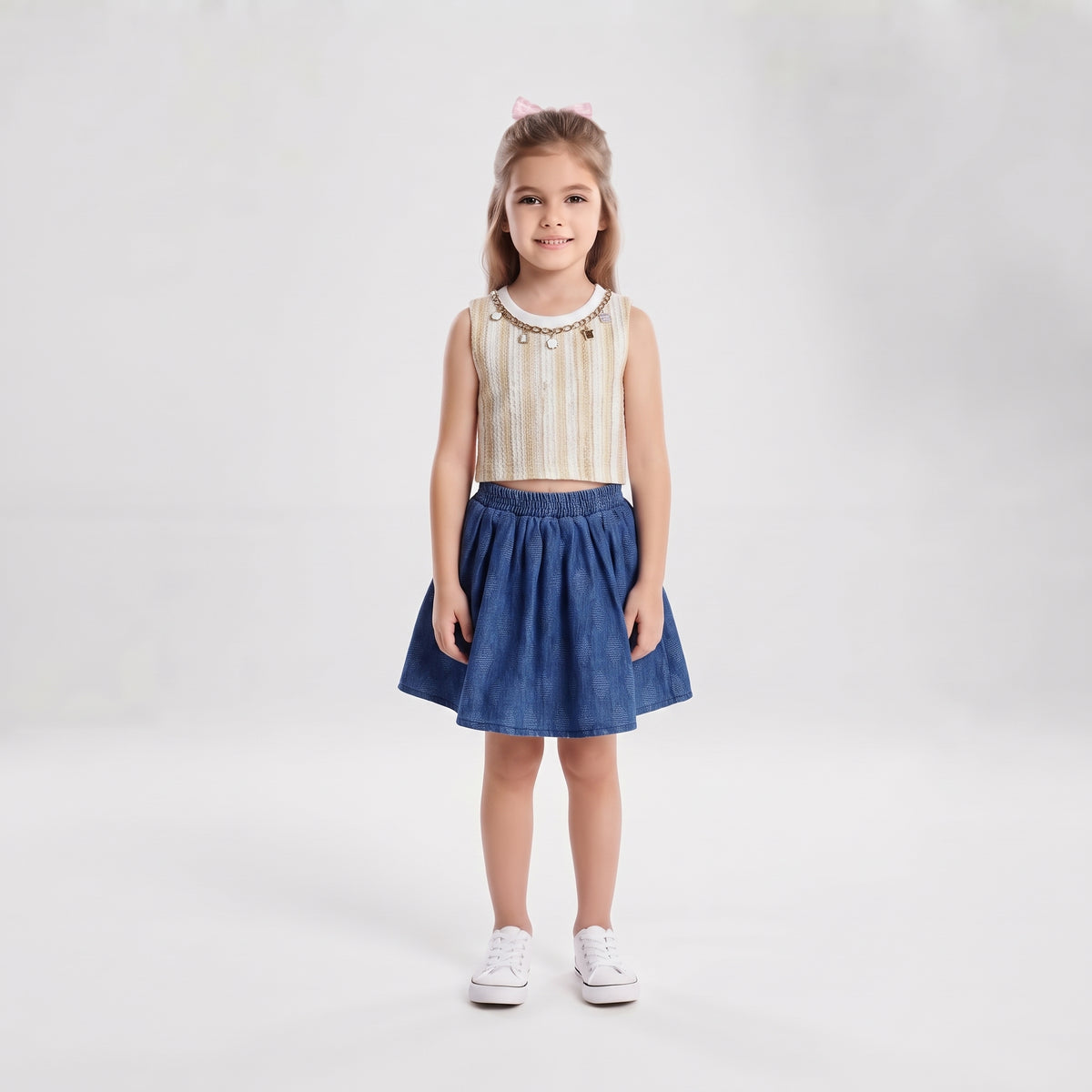 Girls' Striped Sleeveless Top with Necklace Trim and Blue Tiered Skirt Set