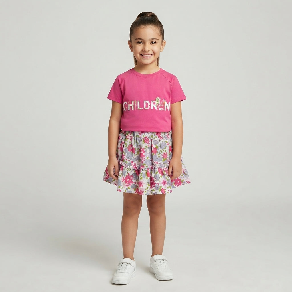 Girls' "CHILDREN" Tee and Floral Ruffled Skirt Set