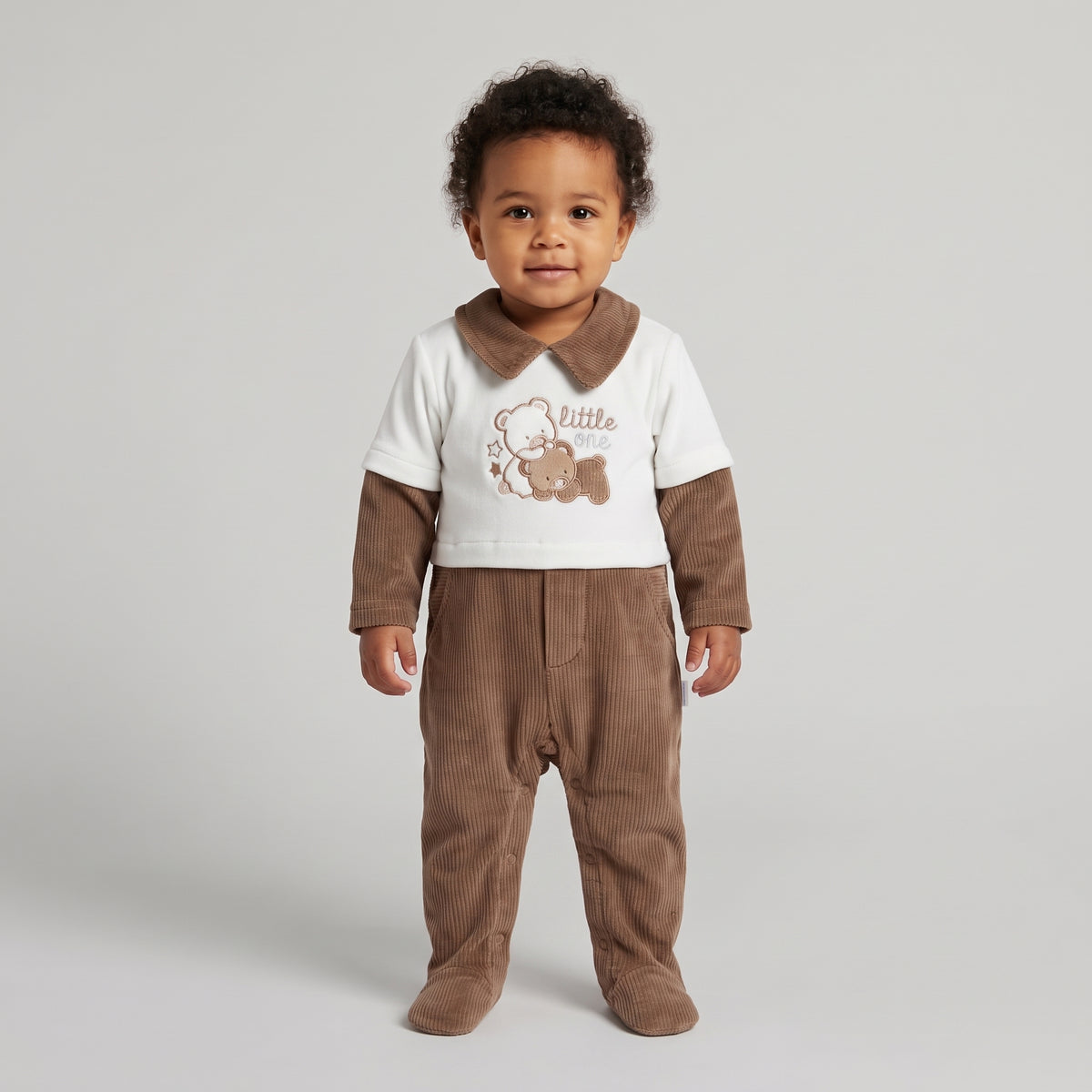 Newborn Baby Boys "Little One" Bear Corduroy Jumpsuit - Brown and White