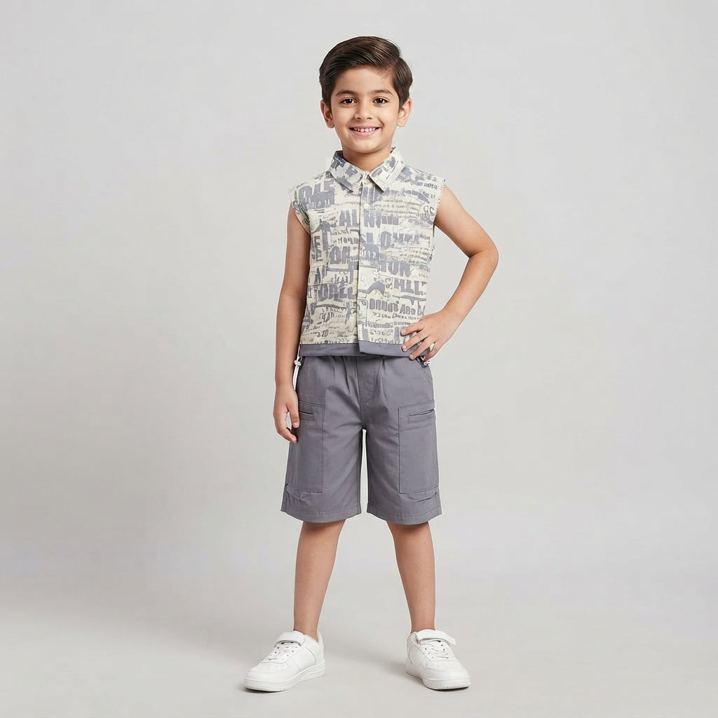 Boys' Printed Sleeveless Shirt and Grey Cargo Shorts Set