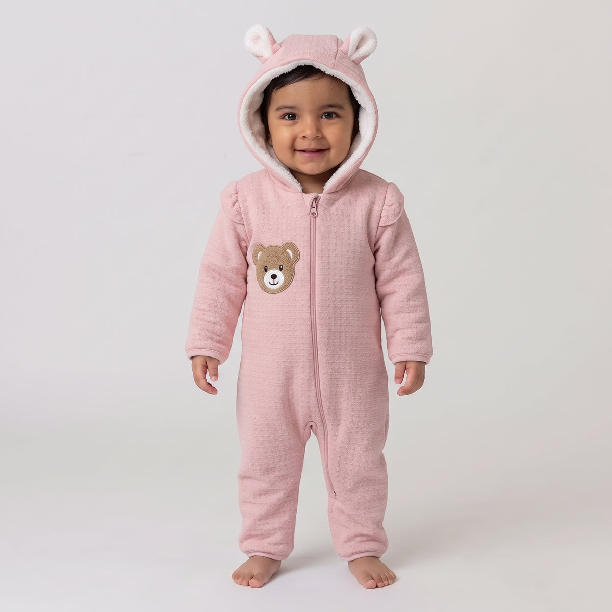 Baby Hooded Fleece Jumpsuit with Bear Ears and Applique