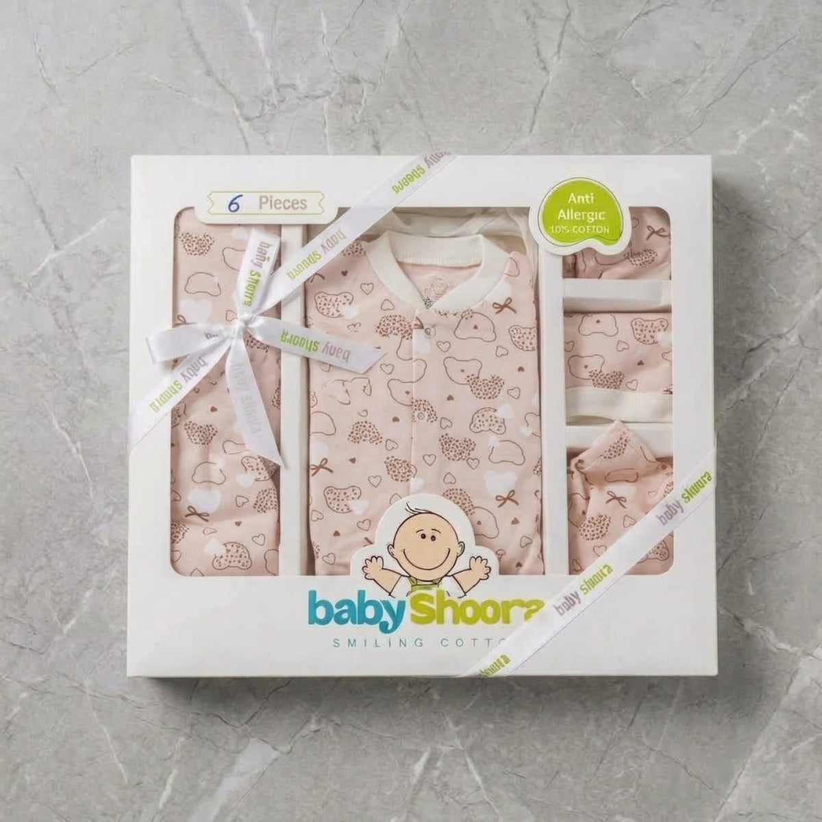 Newporn 6-Piece Newborn Cotton Gift Box Set - Pink Bear & Heart Print