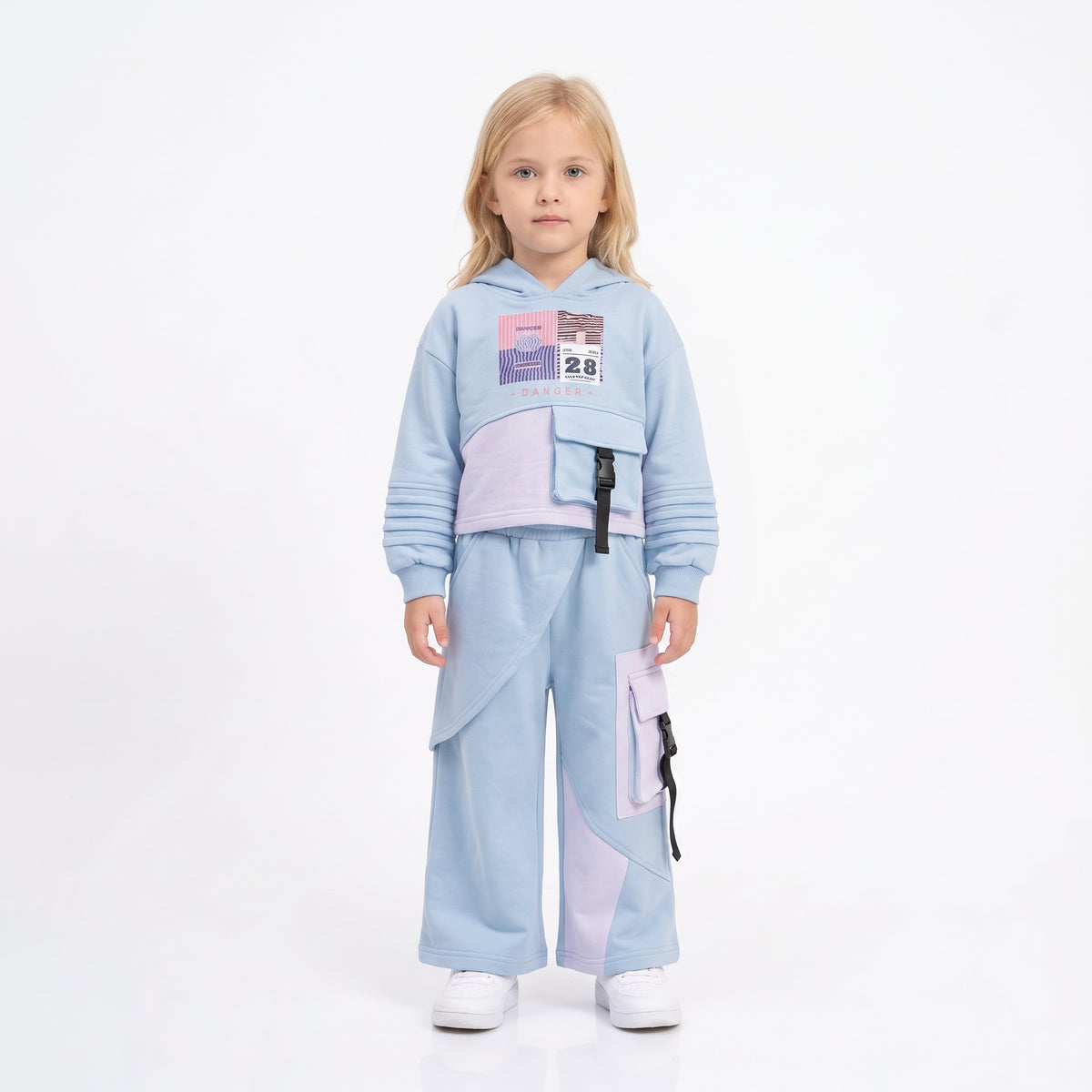 Girls Graphic Pocket Hooded Sweatshirt and Cargo Tracksuit