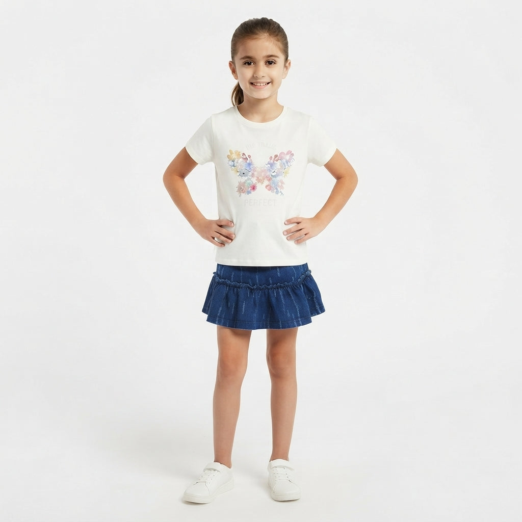 Girls' White Butterfly Tee and Denim Skirt Set