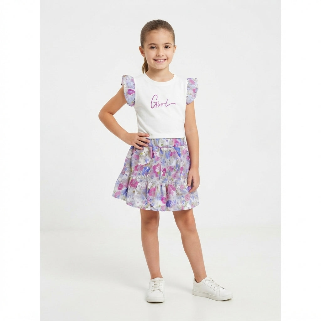 Girls' Summer Ruffle Sleeve Tee & Floral Skirt Matching Set