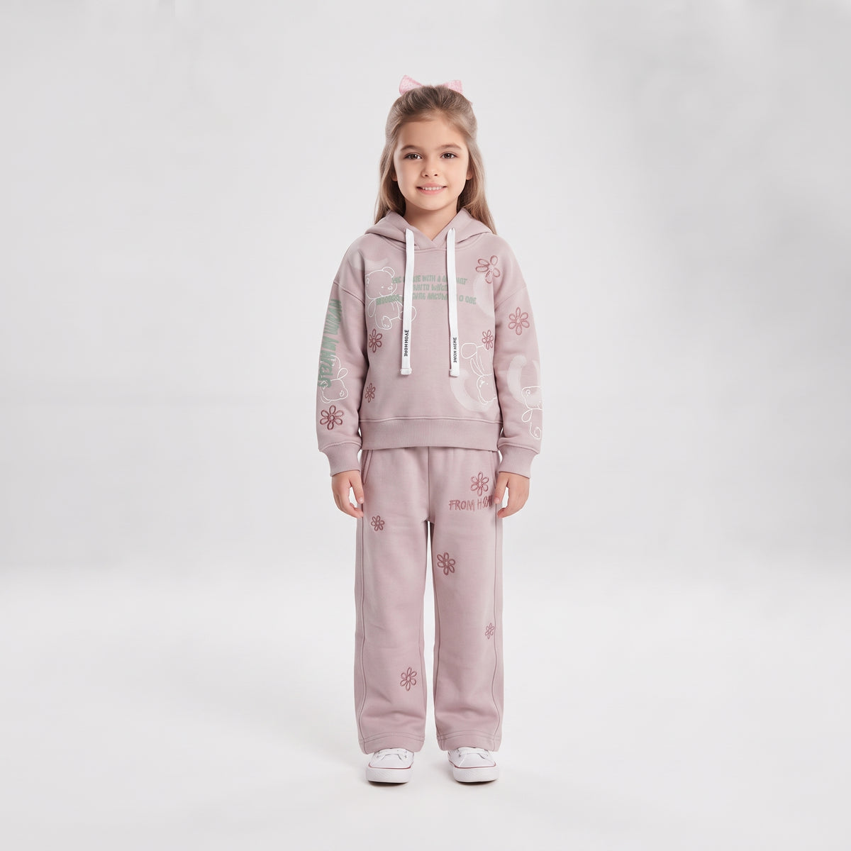 Girls Floral and Bear Print Hooded Sweatshirt and Tracksuit