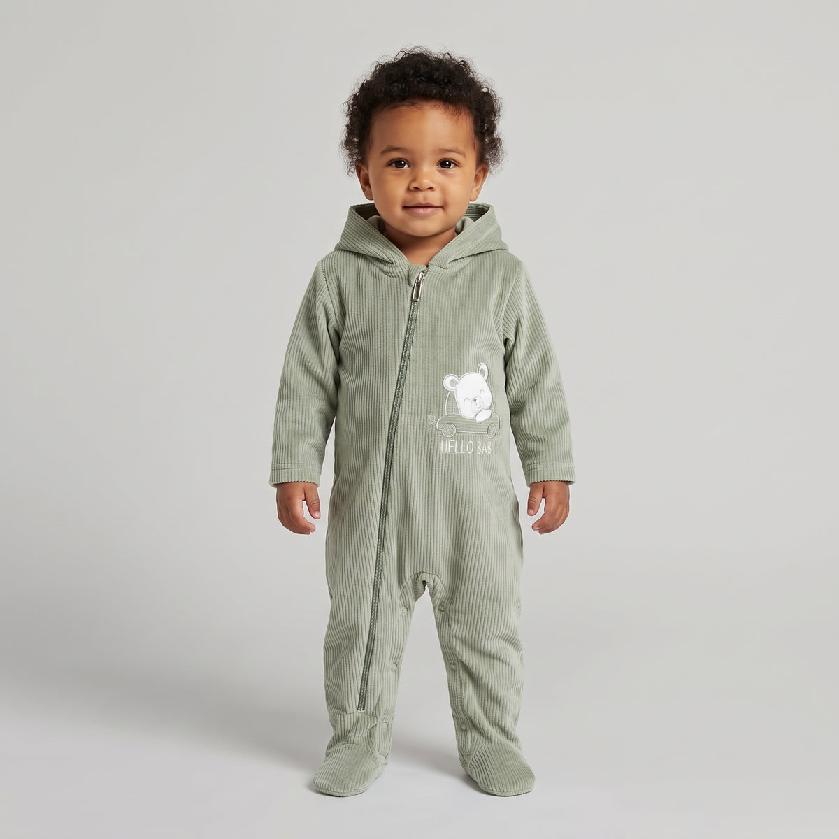 Newborn Baby Boys "Hello Baby" Hooded Corduroy Jumpsuit
