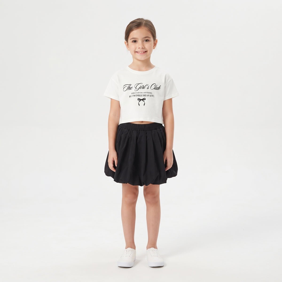 Girls' Casual Letter Print Black Top and Flared White Skirt Outfit