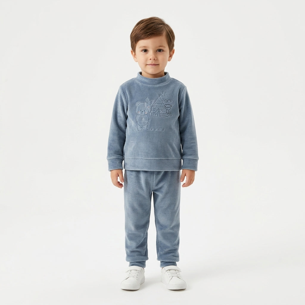 Baby Boys Teddy Bear Graphic Ribbed Velvet Sweatshirt and Pants Set