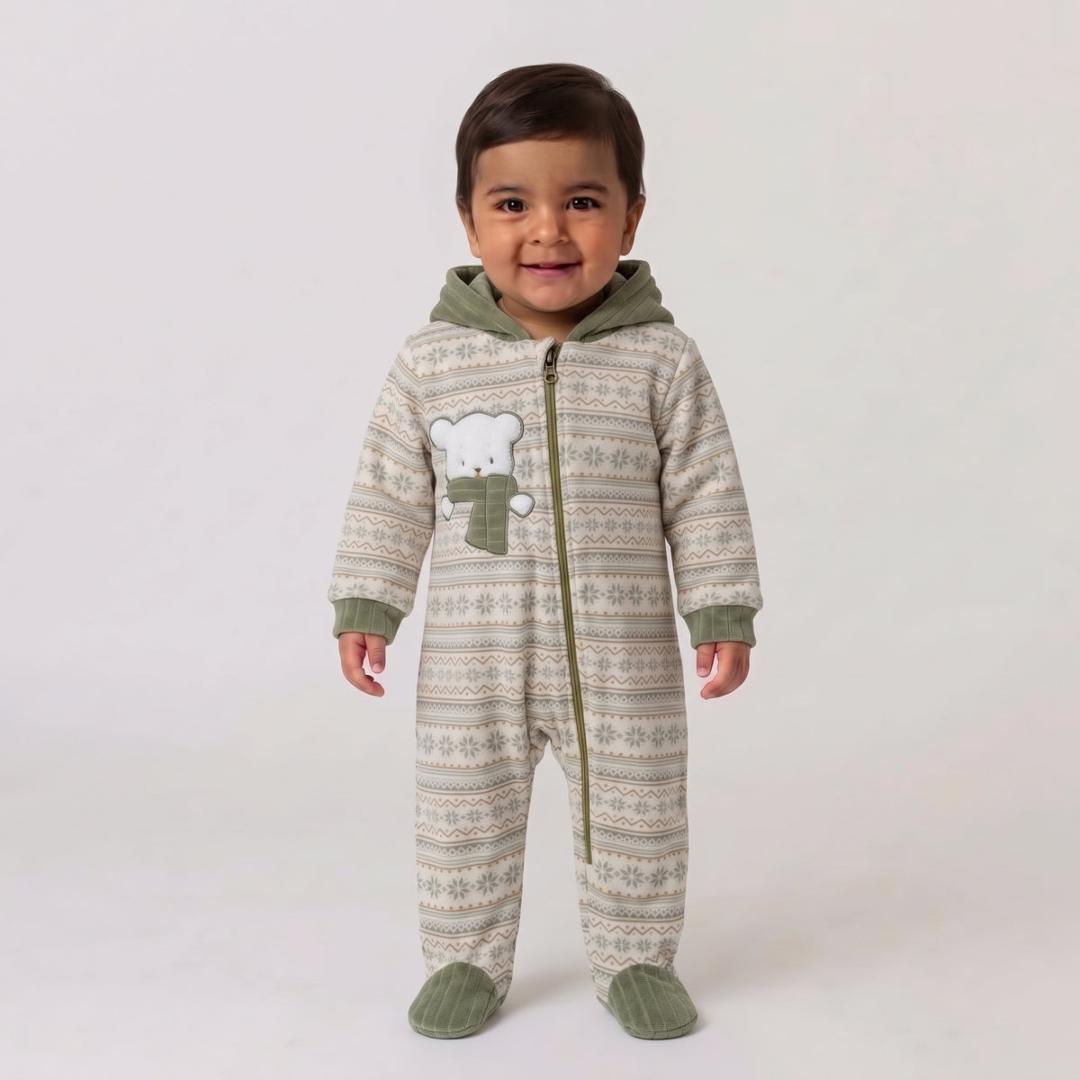 Baby Boys Hooded Fleece Footed Jumpsuit with Bear Applique