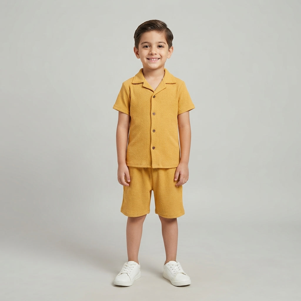 Boys Mustard Yellow Ribbed Short-Sleeve Shirt and Shorts Set