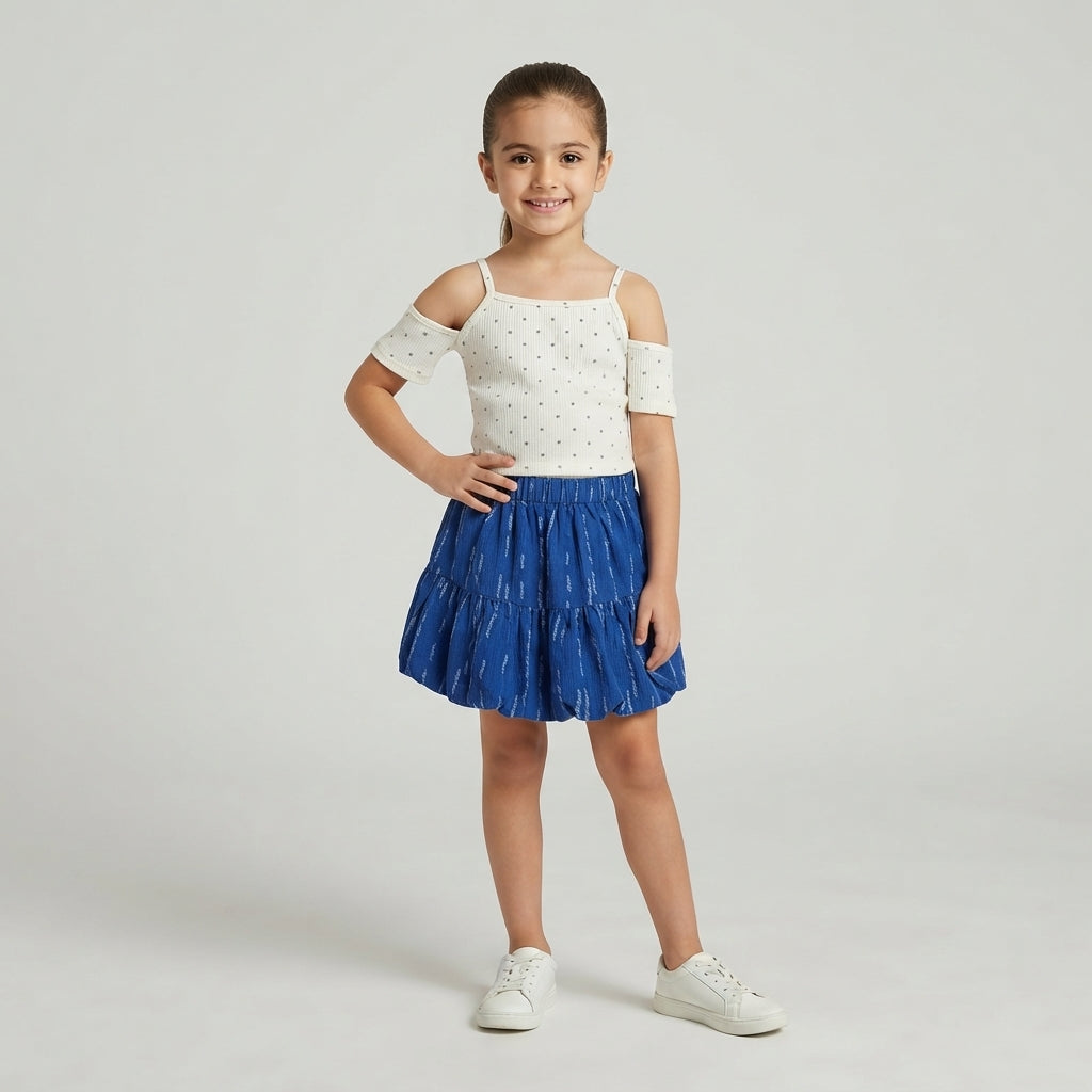 Girls' Cold-Shoulder Polka Dot Top and Blue Tiered Skirt Set