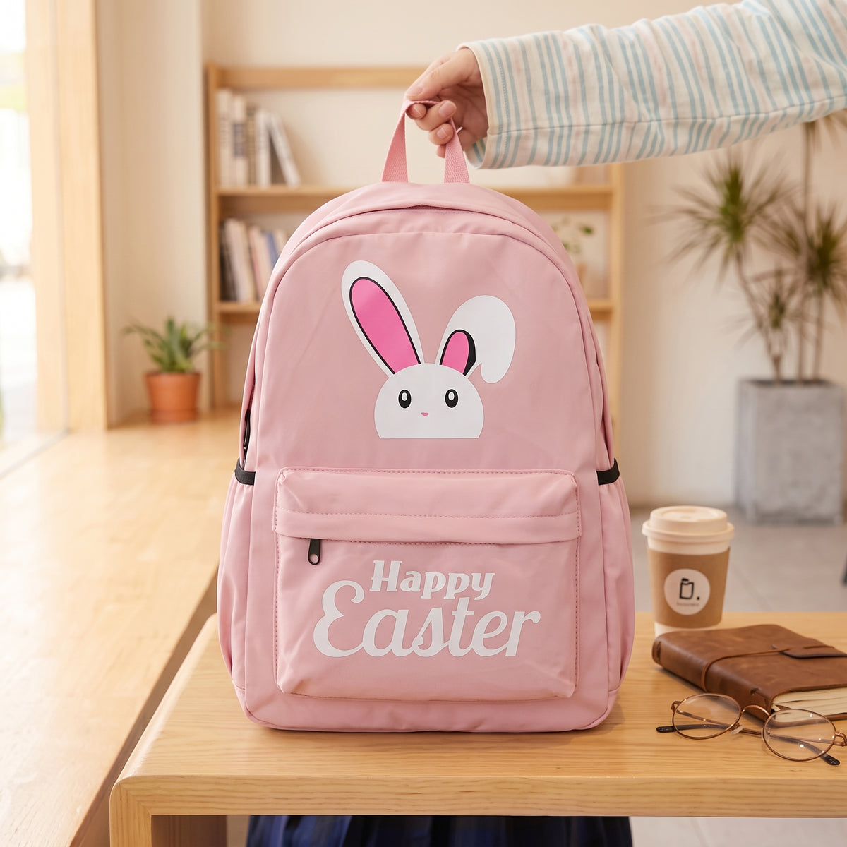 Light Pink School Bag with Front Pocket & Bunny Design