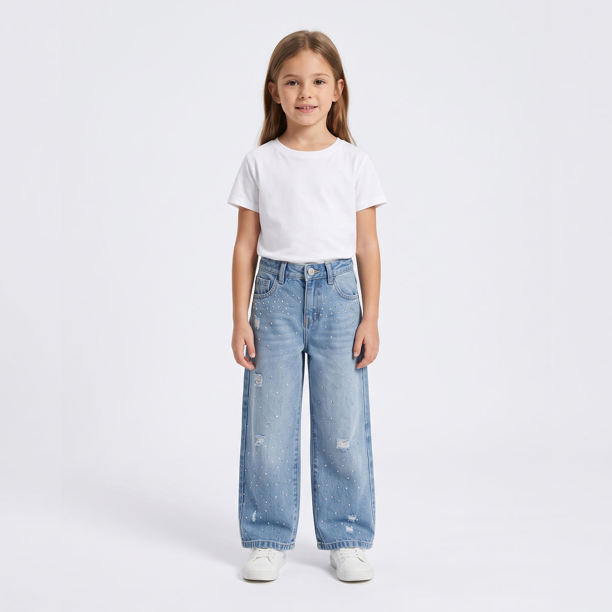 Girls' Light Blue Pearl-Embellished Distressed Denim Jeans