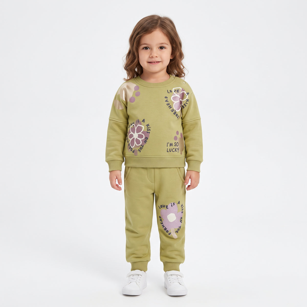 Baby Girls Floral "I'M SO LUCKY" Printed Sweatshirt and Sweatpants Set