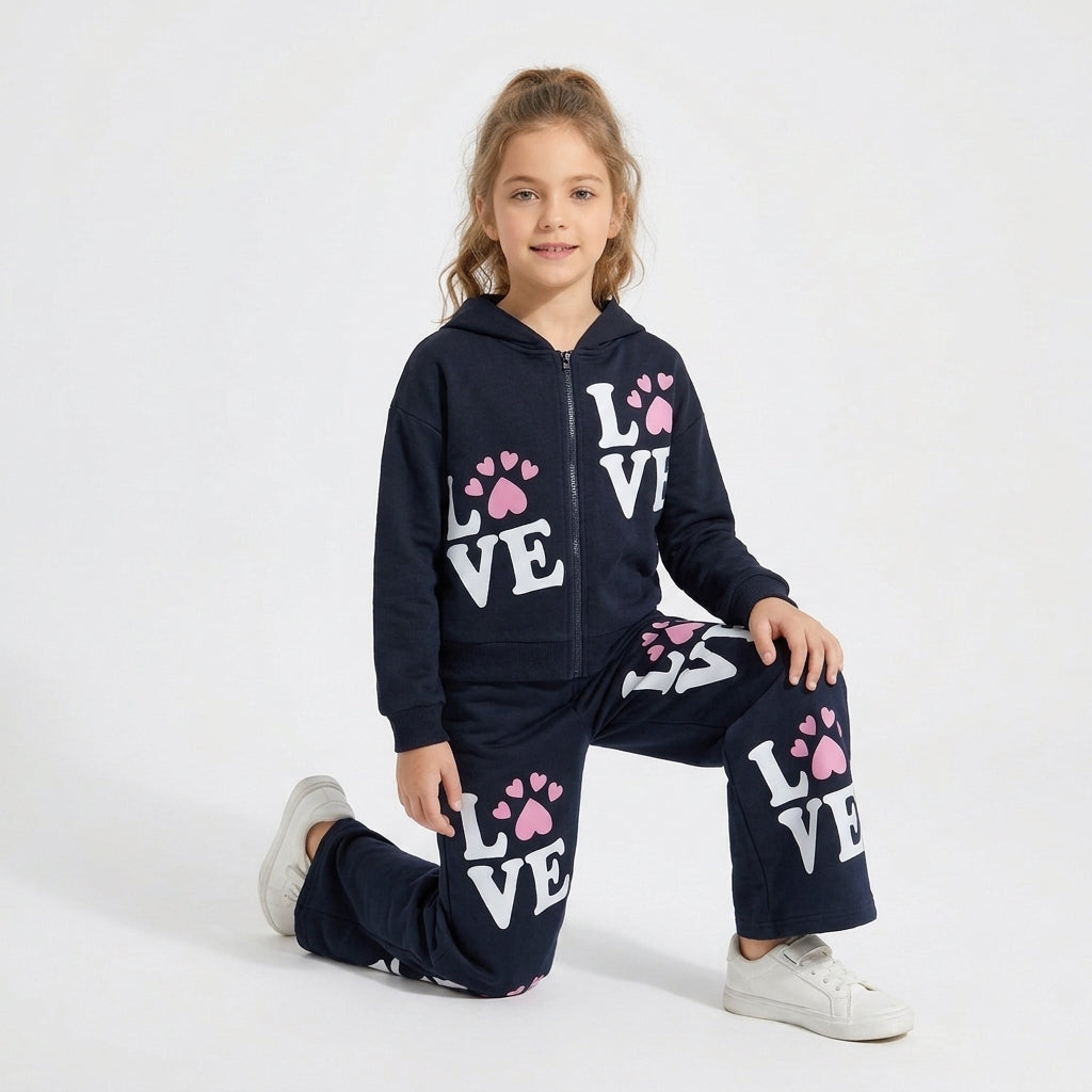 Girls' "LOVE" Zip-Up Hoodie & Wide-Leg Pants Set