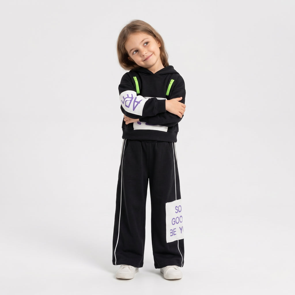 Girls' Black Graphic Hooded Sweatshirt & Wide-Leg Pants Set