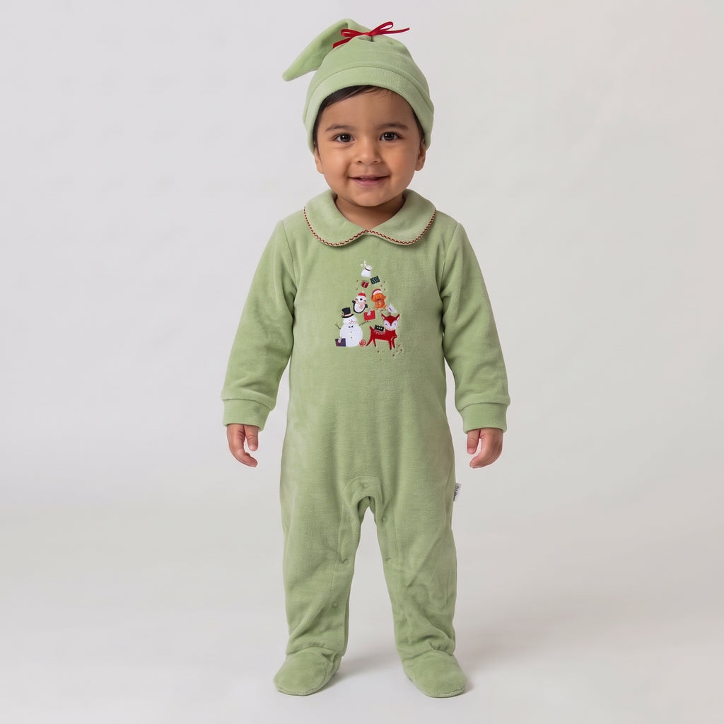 Newborn Baby Boy Velour Footed Jumpsuit with Matching Knot Hat