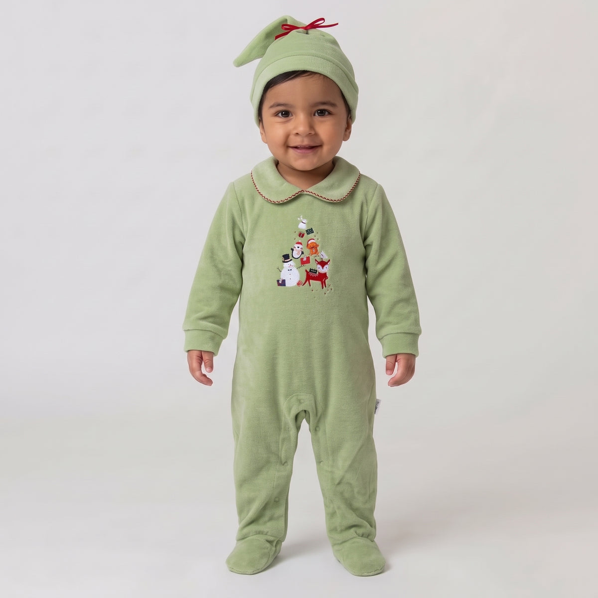 Newborn Baby Boy Velour Footed Jumpsuit with Matching Knot Hat